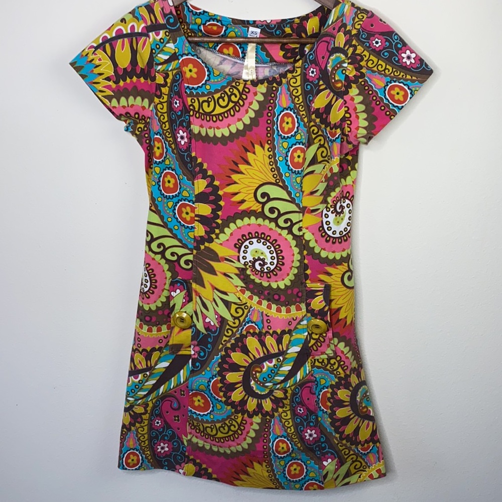 Uncle frank bright multicolored paisley and floral print mini dress Sz XS